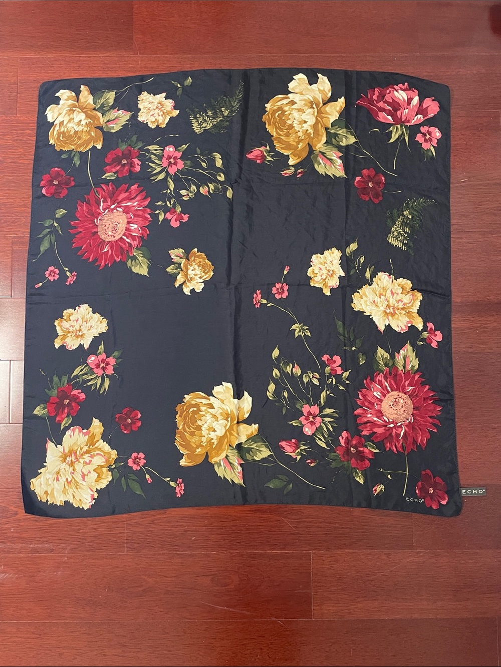 Echo Black Scarf with Red Floral Print
100% SILK